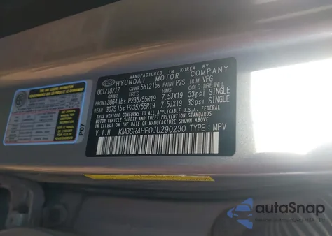 2018 Hyundai Santa Fe Limited Ultimate z USA, uszkodzony, nr VIN KM8SR4HF0JU290230